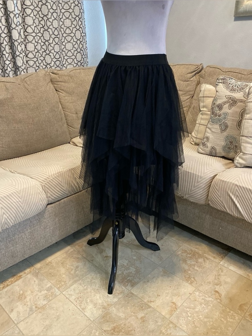 New Women Small 26 inches waist Black layered mesh,tulle asymmetrical midi skirt